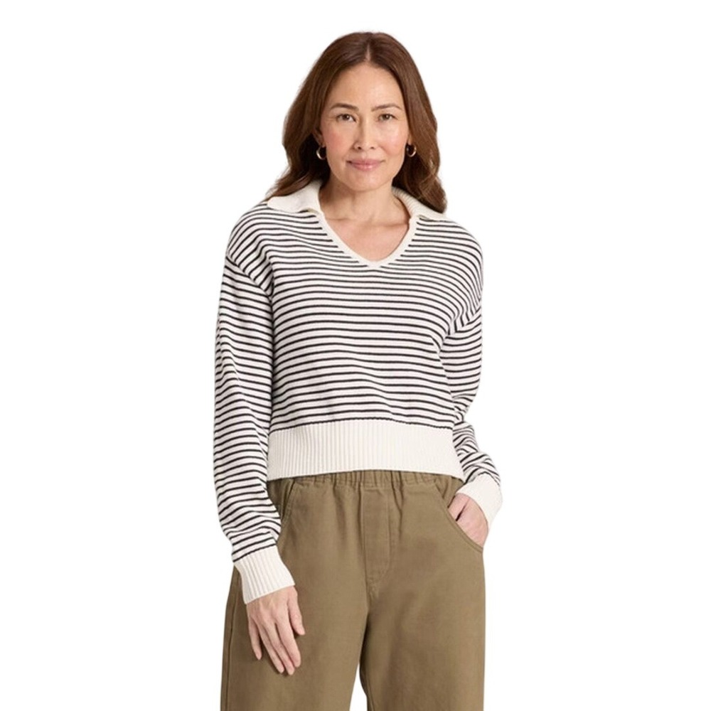 Universal Thread Women's White Striped Collared V Neck Sweater Size Large